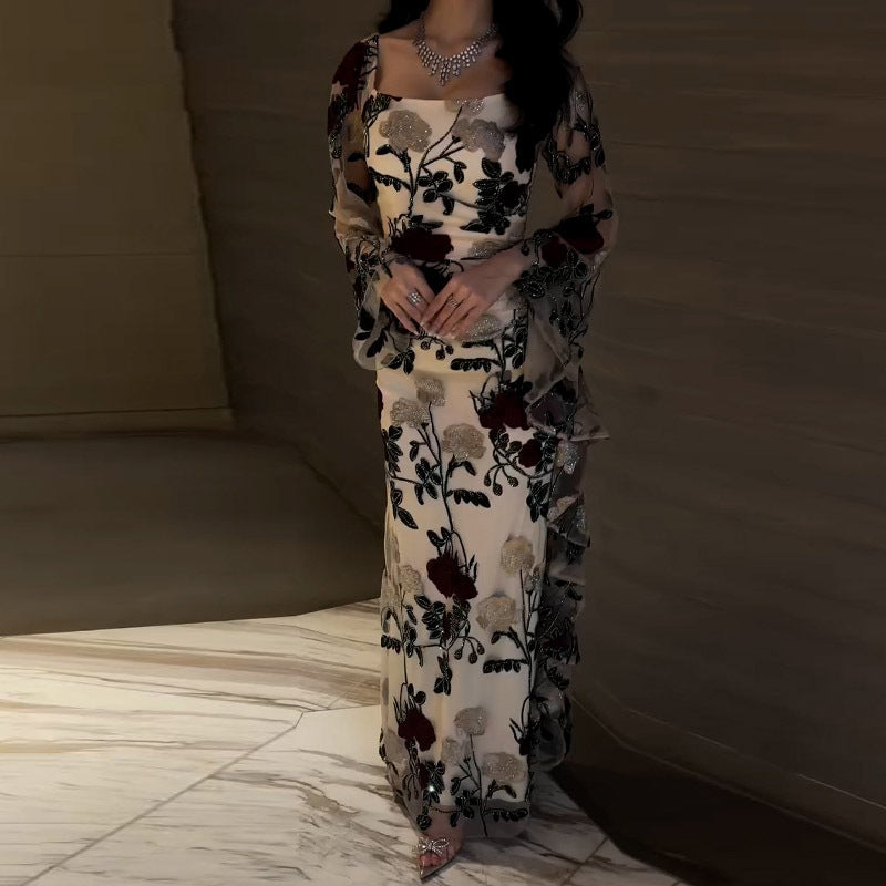 Women's Summer Yarn Dyed Rose Floral Black Bottom Soft Gauze Lace Cocktail Evening Dress