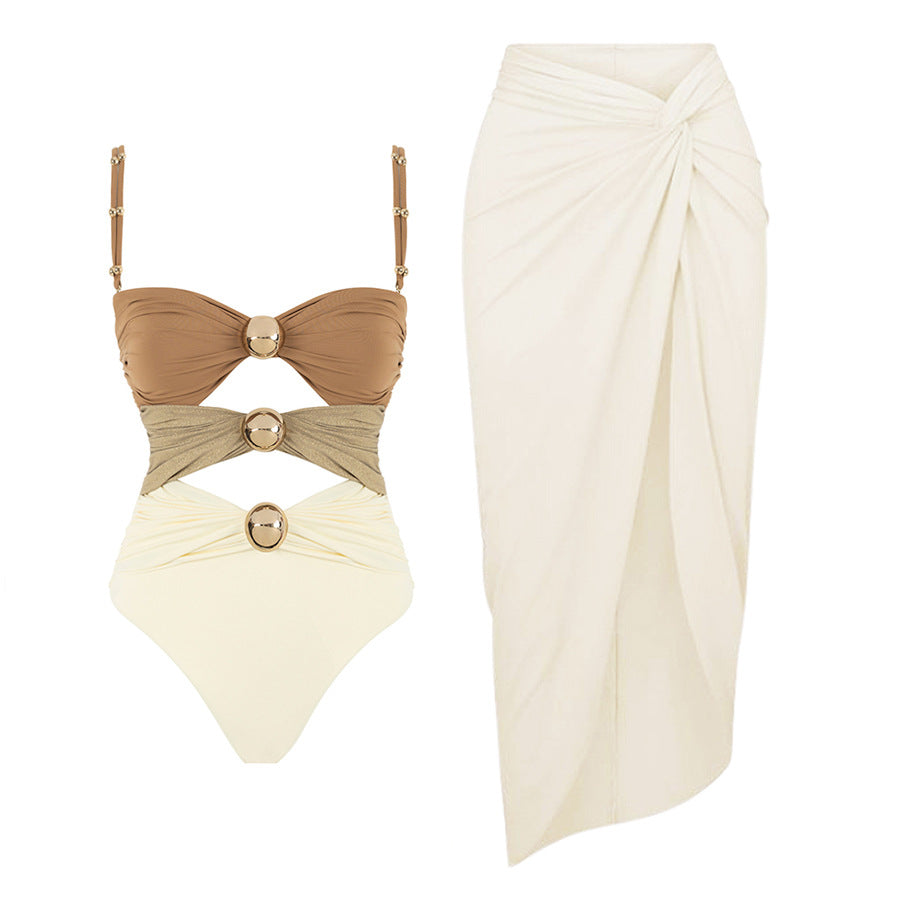 Brown SetColor Matching Swimsuit Creamy-white Skirt Suit