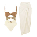 Brown SetColor Matching Swimsuit Creamy-white Skirt Suit