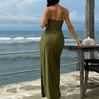 Swimwear Sexy Deep V Plunge neck Pleated High Slit Tube Top Dress Sexy