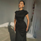 Women's Autumn Slim Pleated Lace Up Short Sleeve Dress