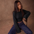 Women's Round-Neck Long-Sleeve Short Top Autumn Bell Sleeve Slim Fit Cropped Outfit Figure Flattering Bottoming T Shirt Set