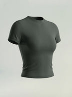Army green short-sleeve athletic compression top with crew neck