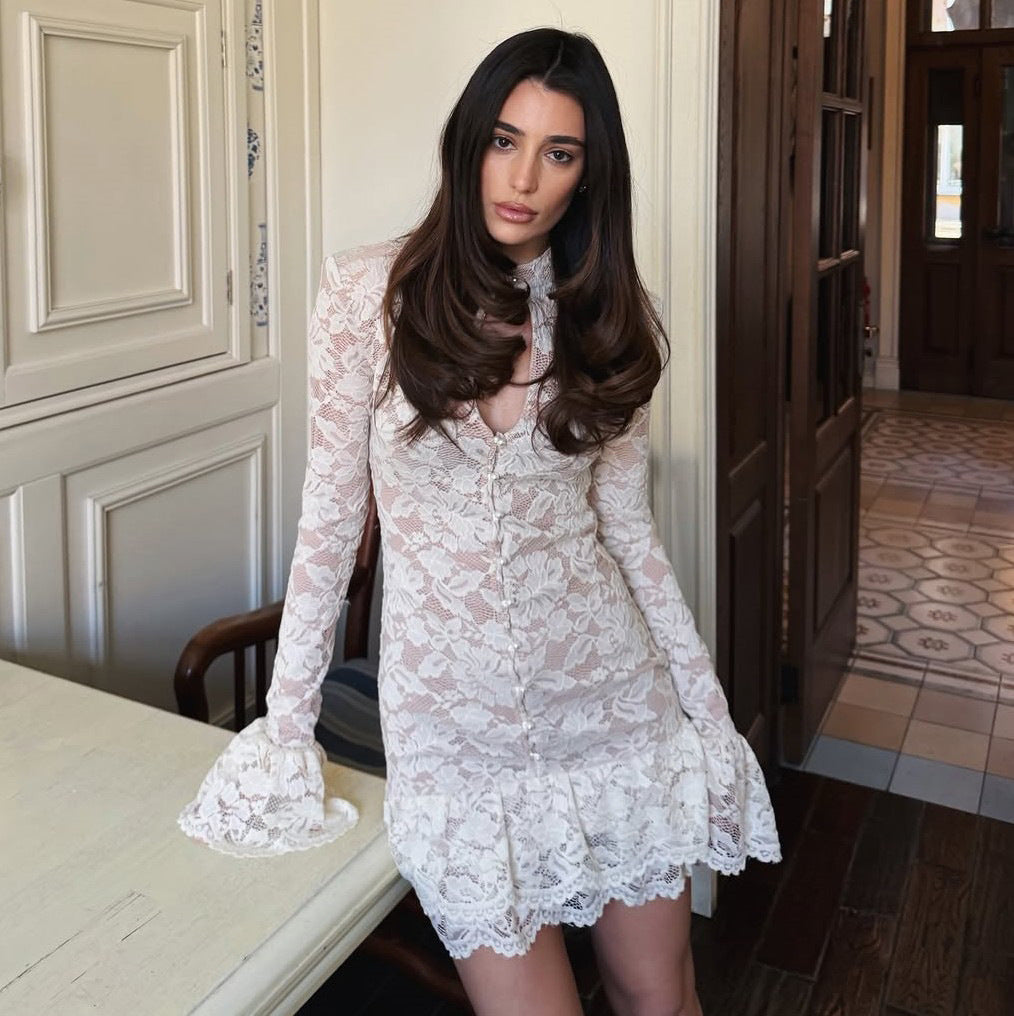Sexy Hollow Out Cutout out Knitted Long Sleeved Dress Autumn Stand Collar Lace Slim Fit Elegant Women Dress