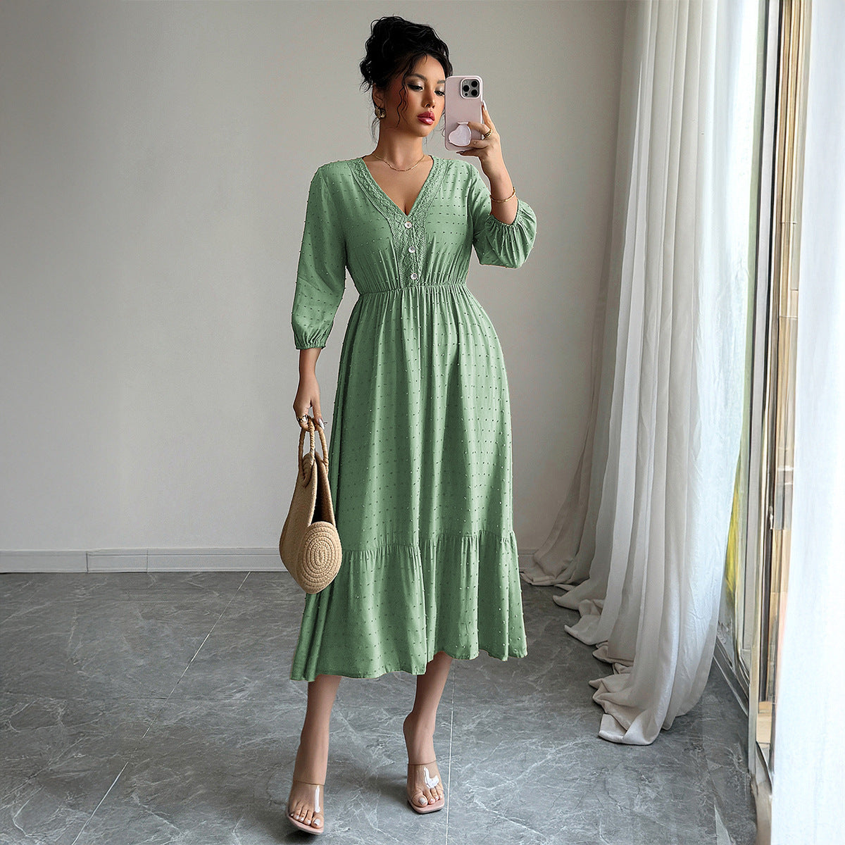 Women's Long Sleeve V Neck Casual Dress