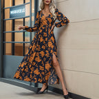 Floral V-Neck Lantern-Sleeve Maxi Dress