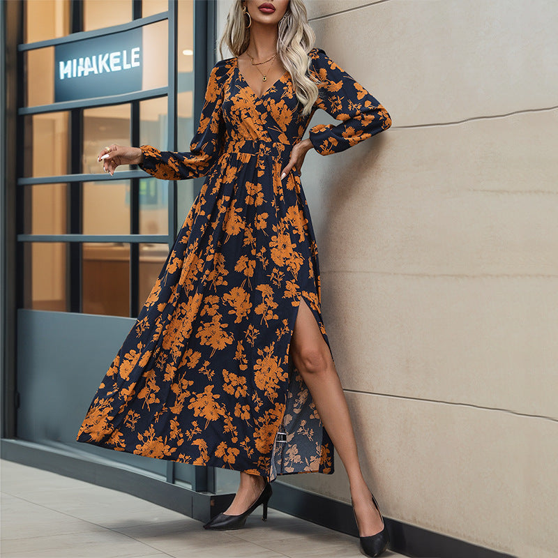 Floral V-Neck Lantern-Sleeve Maxi Dress
