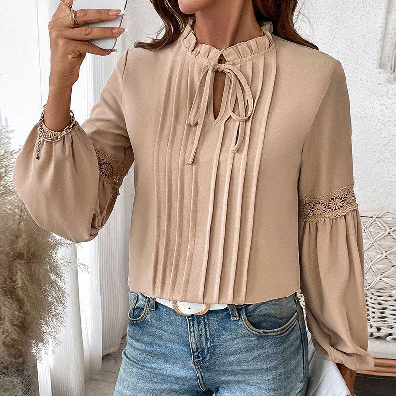 Pleated Tie Front V-Neck Top