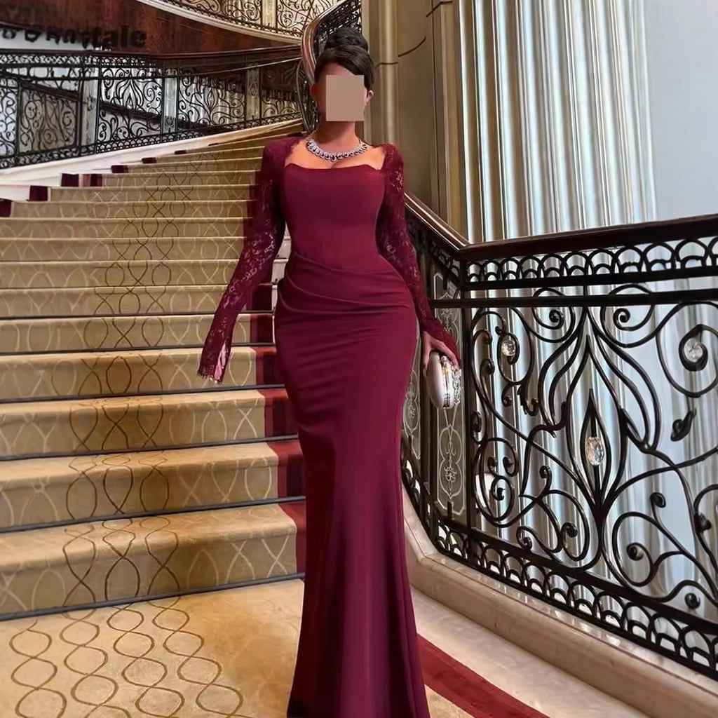Women's Wine Red Lace Cutout Long Sleeve Maxi Dress