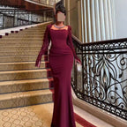 Women's Wine Red Lace Cutout Long Sleeve Maxi Dress