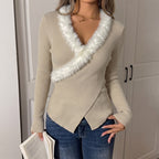 Women's Simple Cross V Neck Fur Collar Stitching Sweater For Women