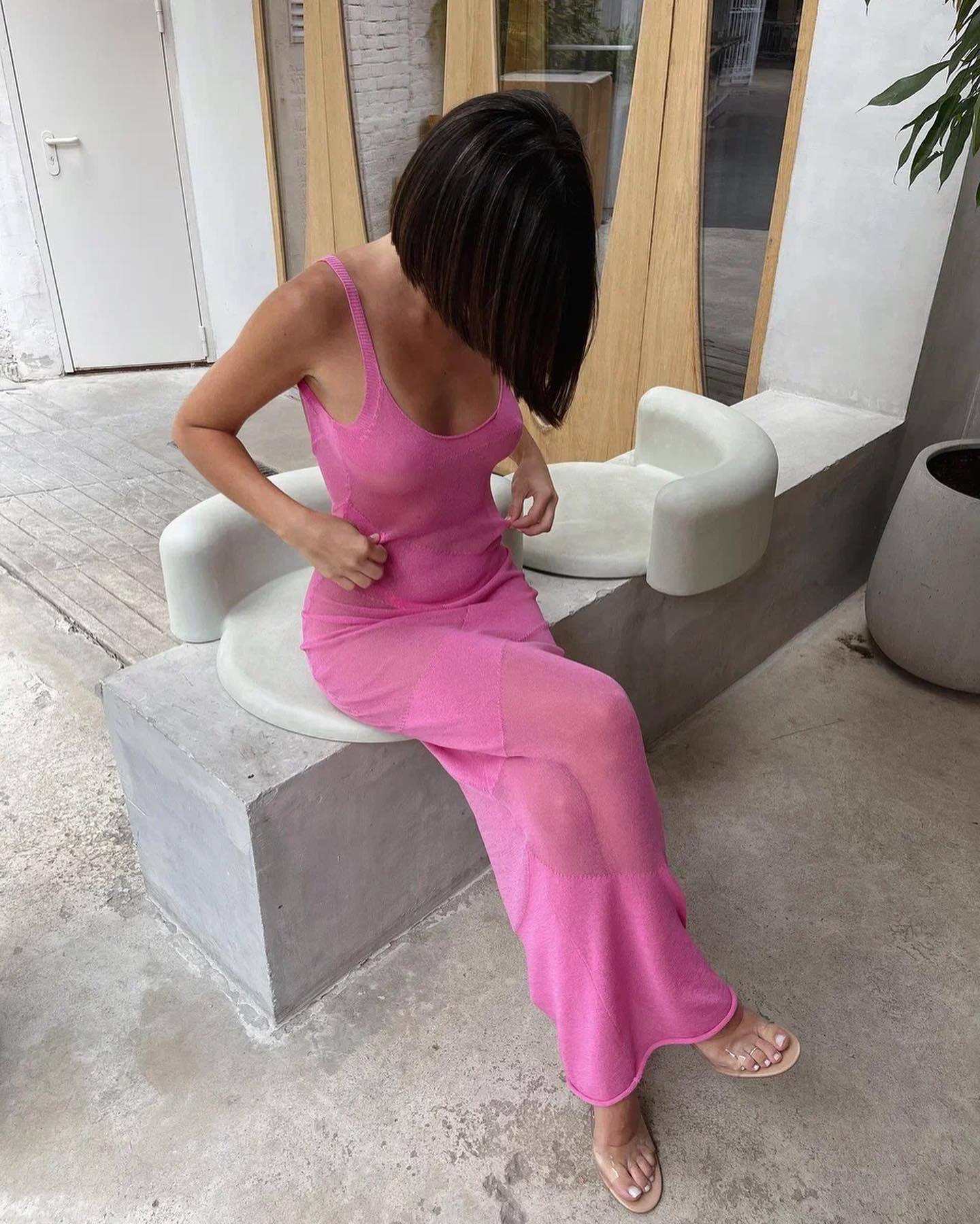 Pink see-through backless slim-fit maxi cover-up, open back with thin straps