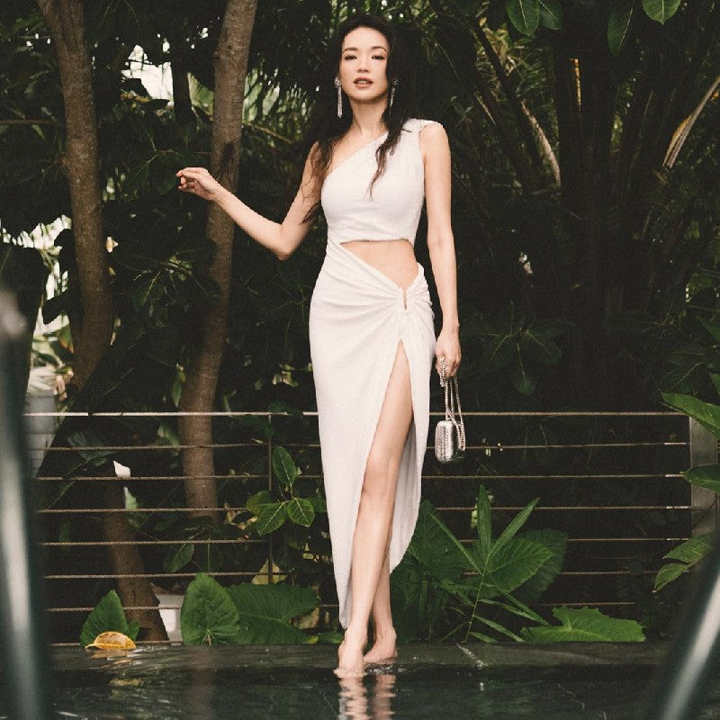 Shoulder Faux Two Piece Hollow Out Cutout High Waist Slit Dress