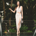 Shoulder Faux Two Piece Hollow Out Cutout High Waist Slit Dress