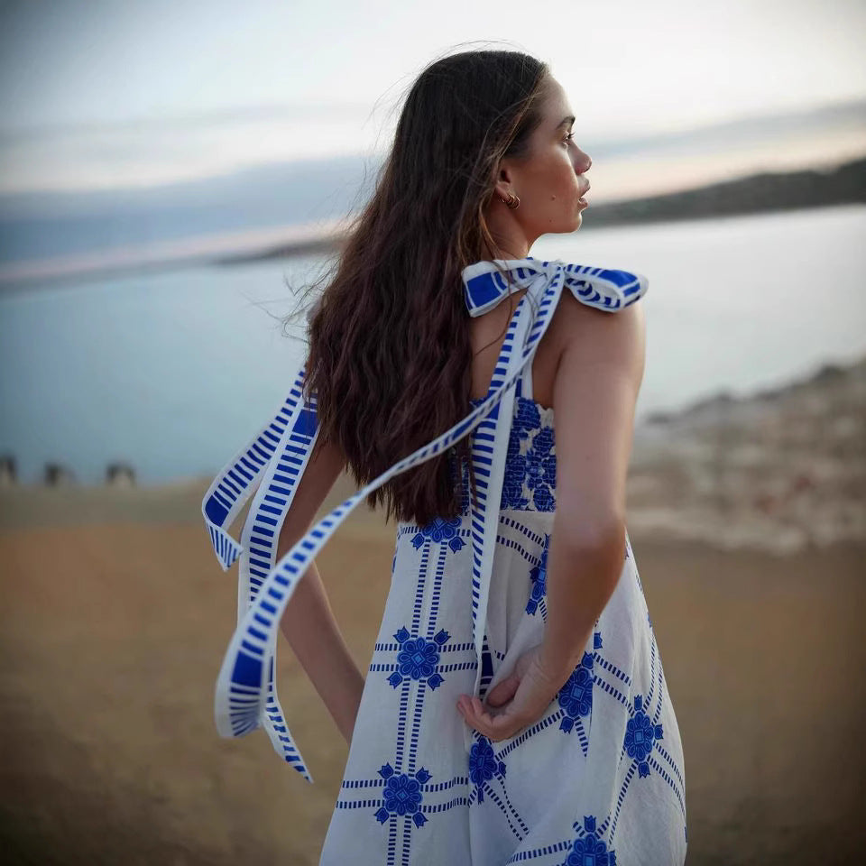 Women's Summer Vacation Halter Spaghetti Straps Maxi Dress Sleeveless Printed Dress