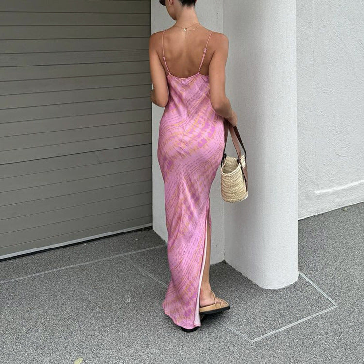 Printed V neck Suspender Side Slit Backless