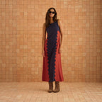 Sleeveless multicolor maxi dress in navy and red with zigzag side panel