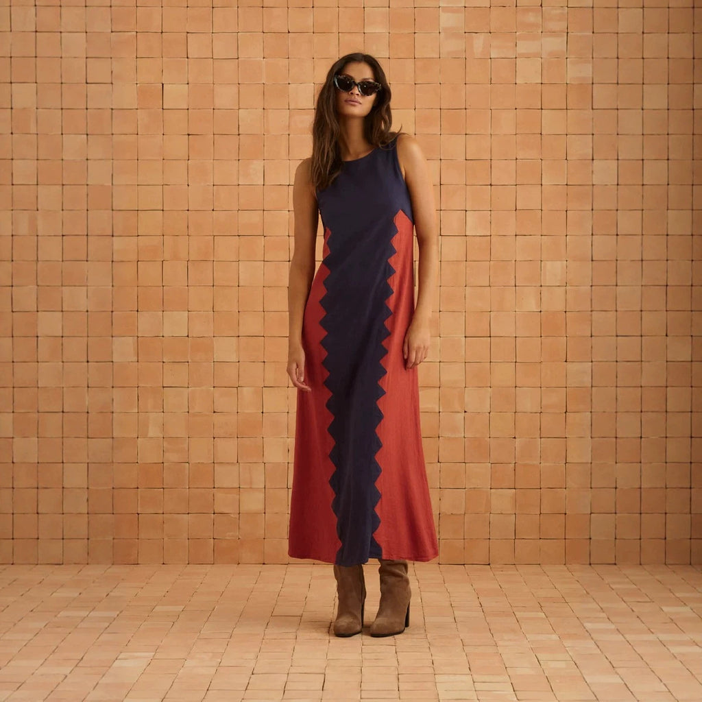 Sleeveless multicolor maxi dress with navy bodice and red zigzag panel