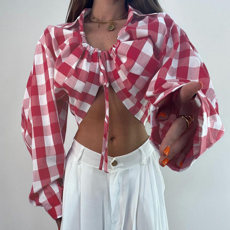 Women Clothing Sexy Sexy Plaid Short Top Summer Lace up