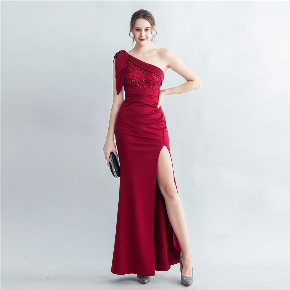 One Shoulder Lace Beaded Slit Evening Maxi Dress
