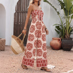 Bohemian Vacation Casual Long Printing Tube Top Jumpsuit Women