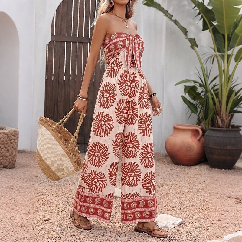Bohemian Vacation Casual Long Printing Tube Top Jumpsuit Women