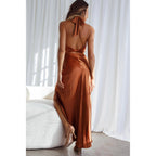 Women's Satin Halter Backless Slit Midi Dress