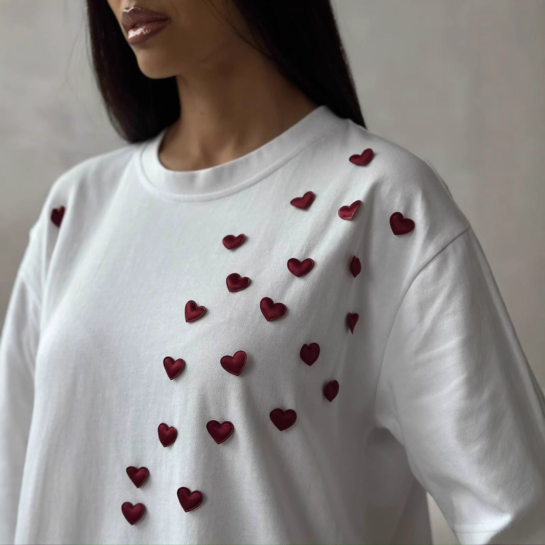 Women's Spring Summer Brand Printing Casual Short Sleeved Love Stickers Round Neck All Matching Solid Color T Shirt