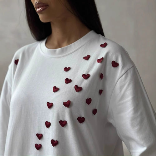 Women Spring Summer Brand Printing Casual Short Sleeved Love Stickers round Neck All Matching Solid Color T shirt