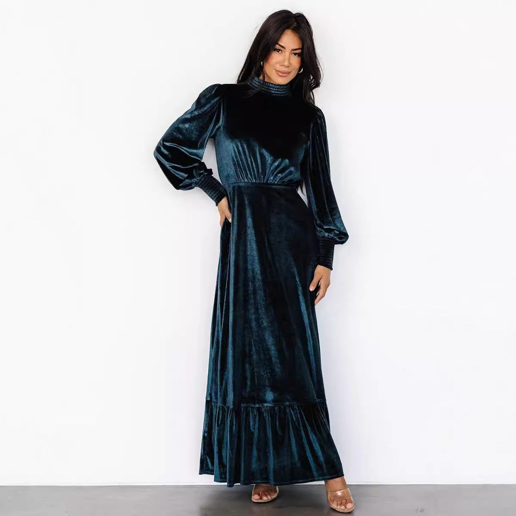 Gold Velvet High-Neck Drawstring-Sleeve Dress