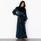 Gold Velvet High-Neck Drawstring-Sleeve Dress
