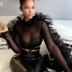 Women’s Black Sheer Mesh Criss Cross Long Sleeve Top