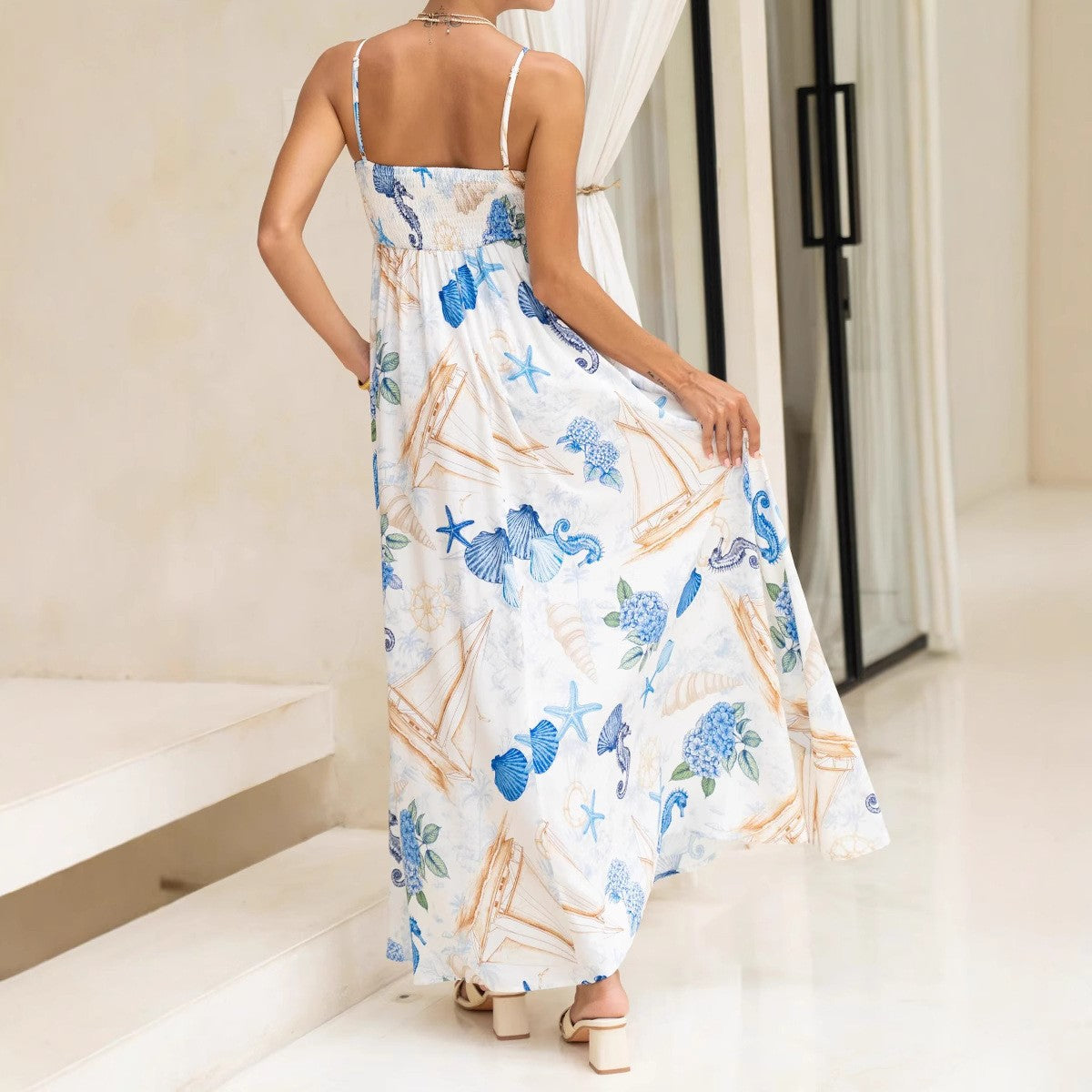 Women's Summer Vacation Nautical Print Casual Sling Maxi Dress