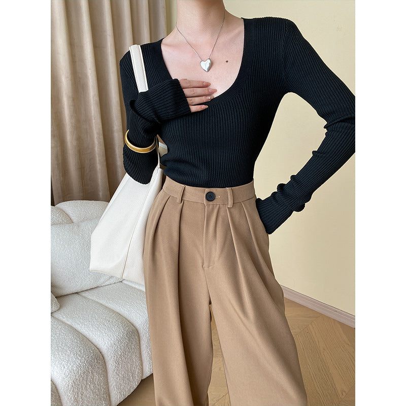 Women's Ribbed U-Neck Slim Fit Long Sleeve Top