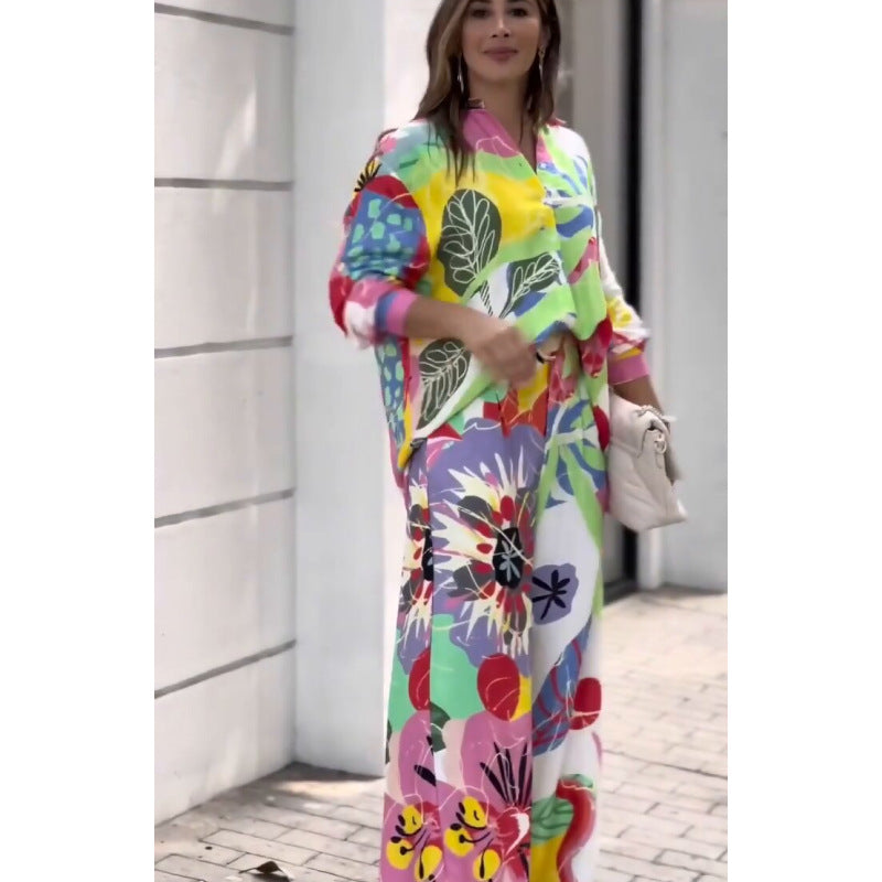 Women's Office Long Sleeve Loose Shirt High Waist Wide Leg Pants