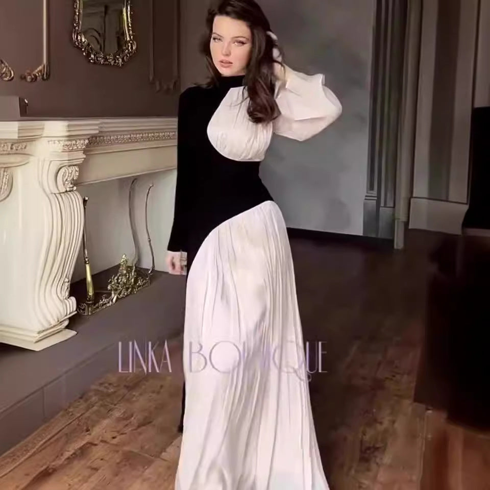 Spring Round-Neck Colorblock Long-Sleeve Belted Dress