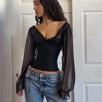 Women's Clothing Palace Sexy V Neck Pleated T Shirt Chiffon Tight Waist Slim Fit Puff Sleeve Top Autumn