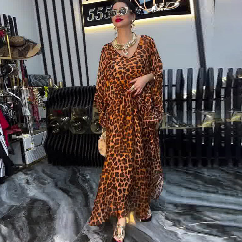 V-Neck Split Irregular Asymmetric Cinched Printed Long Sleeve Dress