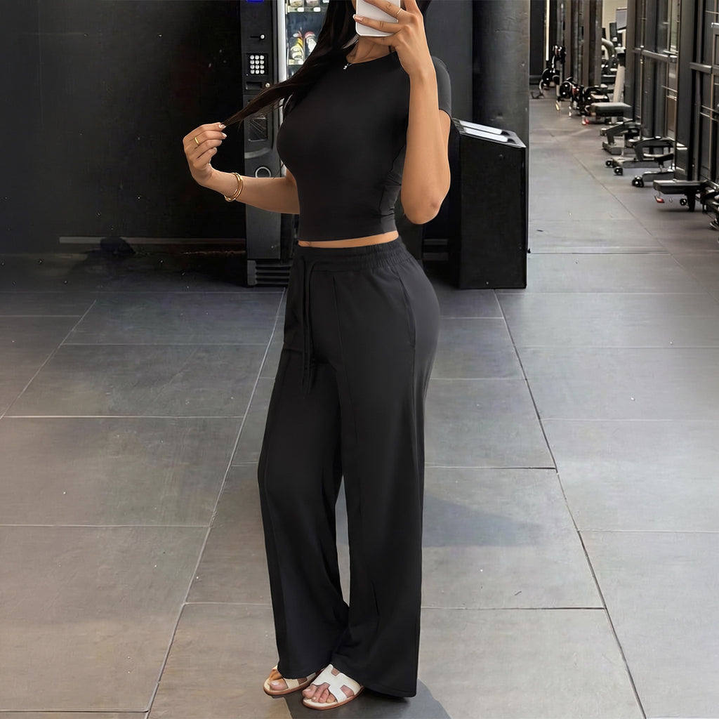 Women's Short Sleeve Wide-Leg Pants Set