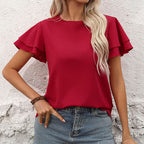 Women's Women Clothing Double Layer Ruffle Sleeve Solid Color Top For Women Summer