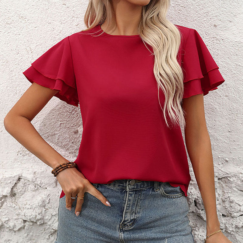 Women's Women Clothing Double Layer Ruffle Sleeve Solid Color Top For Women Summer
