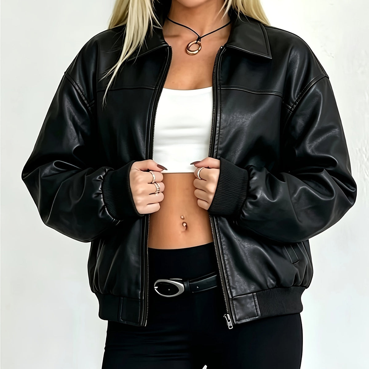 Women's Elegant Loose Short Leather Jacket Cool Stylish Casual Leather Jacket