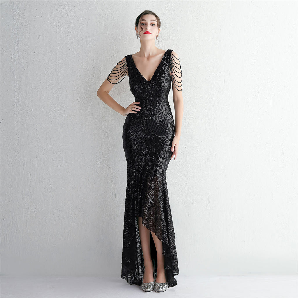 Women's Sequin Beaded Party Dress Long Cocktail Slim Fit Evening Dress