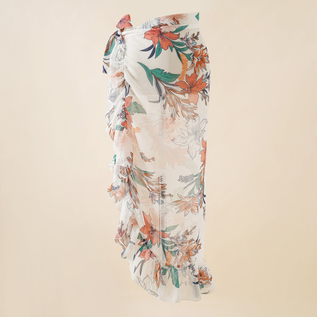 Floral leaf beach cover-up dress with ruffled edges and tie waist, white base