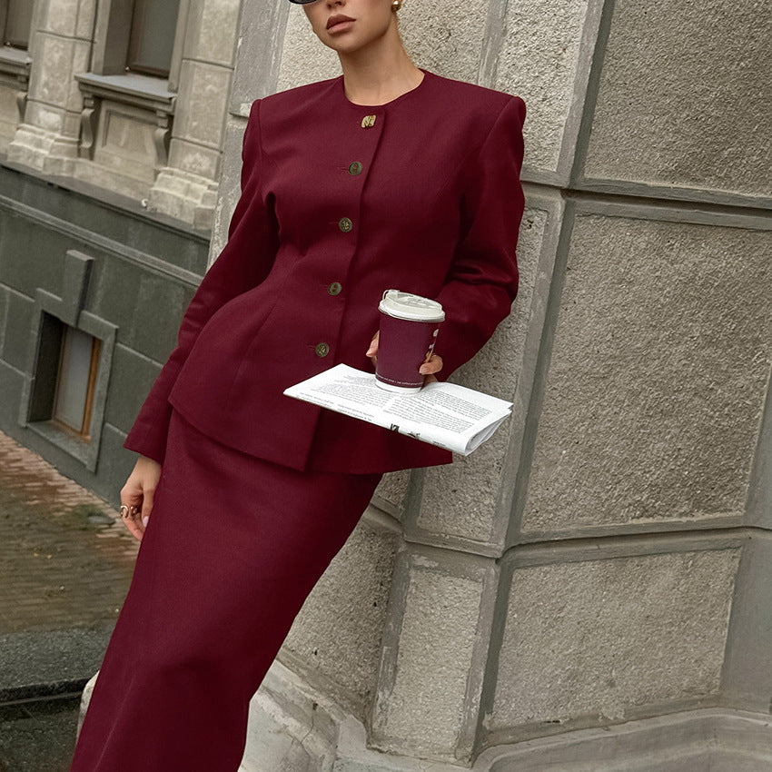 Women's Red Long-Sleeve Split Skirt Suit Two-Piece Set