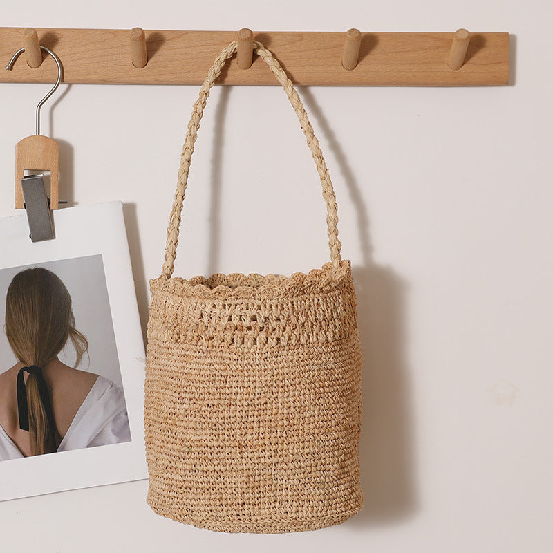 Women's Raffia One-Shoulder Straw Bucket Bag