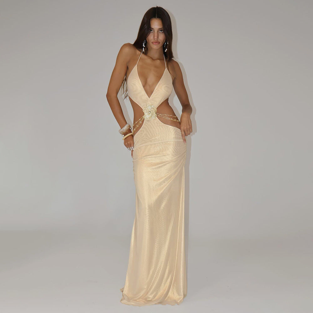 Women's Rhinestone Halter Backless Cutout Maxi Dress