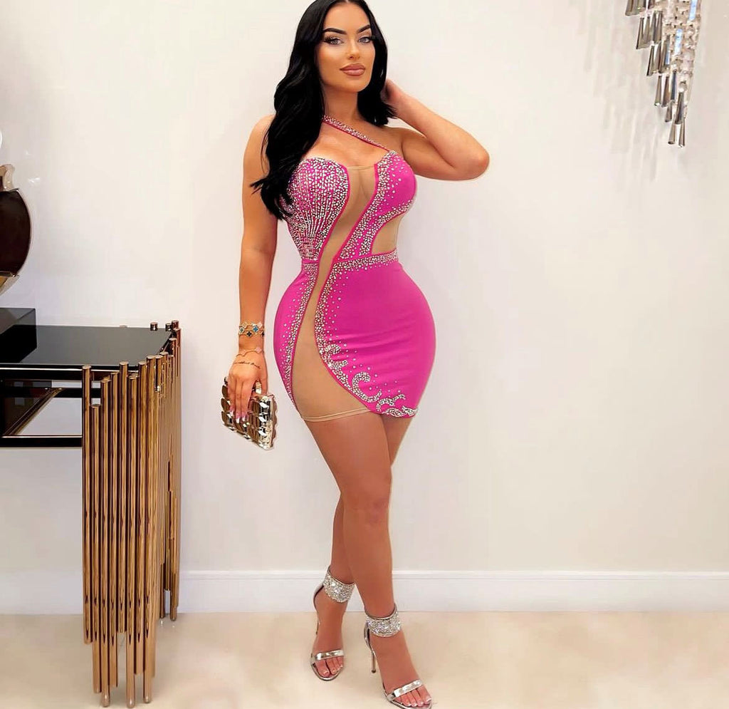 Women's Rhinestone One Shoulder Bodycon Mini Dress
