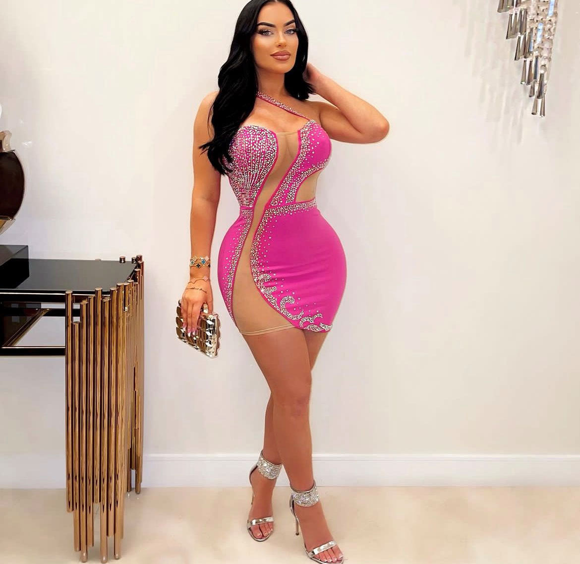 Women's Rhinestone One Shoulder Bodycon Mini Dress
