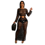 Women’s sequined knit two-piece set, long-sleeve crop top and midi skirt, black tone